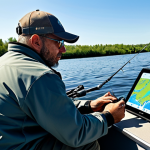 A focused professional angler, an adult male, is seated comfortably in a modern fishing boat on a calm, wide river. He is meticulously studying a high-resolution digital map displayed on a rugged tablet, which shows detailed underwater topography with clear isobaths, drop-offs, and marked fishing spots. A state-of-the-art sonar display is visible nearby, showing real-time underwater structure and fish. The angler is wearing appropriate, modest outdoor fishing attire, fully clothed. The background features a serene natural landscape with distant trees and a clear sky. safe for work, appropriate content, fully clothed, professional, perfect anatomy, correct proportions, natural pose, well-formed hands, proper finger count, natural body proportions, professional photography, high quality.