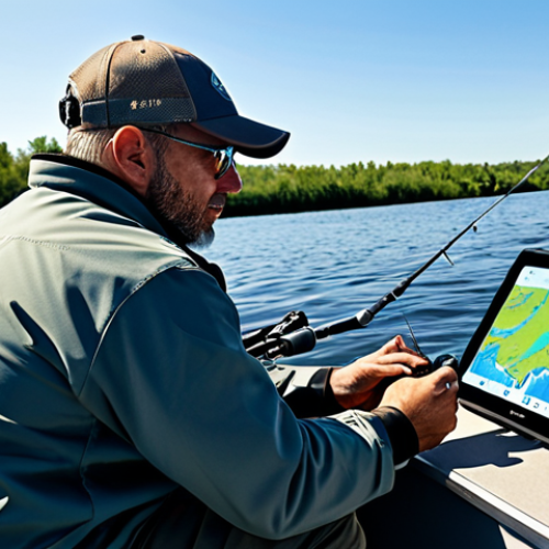 Home 4 A focused professional angler, an adult male, is seated comfortably in a modern fishing boat on a calm, wide river. He is meticulously studying a high-resolution digital map displayed on a rugged tablet, which shows detailed underwater topography with clear isobaths, drop-offs, and marked fishing spots. A state-of-the-art sonar display is visible nearby, showing real-time underwater structure and fish. The angler is wearing appropriate, modest outdoor fishing attire, fully clothed. The background features a serene natural landscape with distant trees and a clear sky. safe for work, appropriate content, fully clothed, professional, perfect anatomy, correct proportions, natural pose, well-formed hands, proper finger count, natural body proportions, professional photography, high quality.