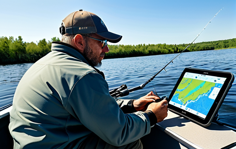 A focused professional angler, an adult male, is seated comfortably in a modern fishing boat on a calm, wide river. He is meticulously studying a high-resolution digital map displayed on a rugged tablet, which shows detailed underwater topography with clear isobaths, drop-offs, and marked fishing spots. A state-of-the-art sonar display is visible nearby, showing real-time underwater structure and fish. The angler is wearing appropriate, modest outdoor fishing attire, fully clothed. The background features a serene natural landscape with distant trees and a clear sky. safe for work, appropriate content, fully clothed, professional, perfect anatomy, correct proportions, natural pose, well-formed hands, proper finger count, natural body proportions, professional photography, high quality.