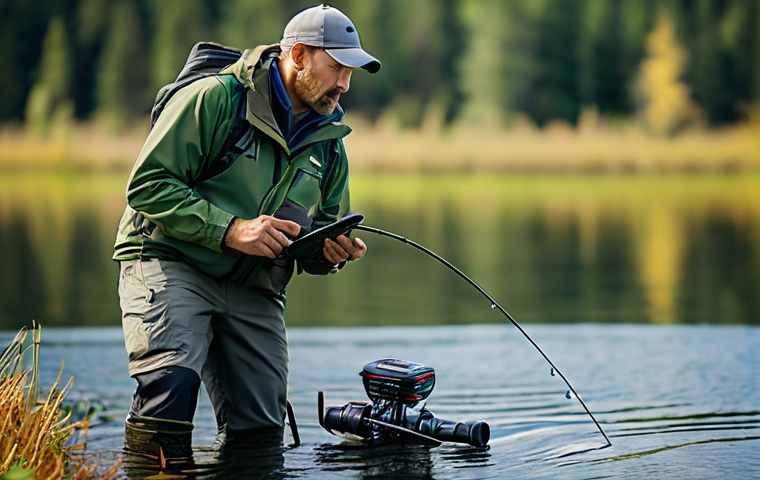 낚시 대회 준비 체크리스트 - **Prompt 1: Advanced Water Scouting and Gear Setup**
A focused male angler, approximately 35-45 ...
