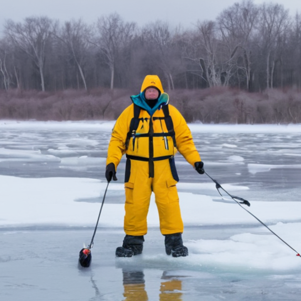 낚시 중 발생할 수 있는 사고 대처법 - **Winter Fishing Ice Rescue:** An experienced male angler, approximately 60 years old, has just brok...