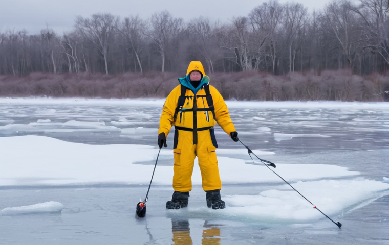 낚시 중 발생할 수 있는 사고 대처법 - **Winter Fishing Ice Rescue:** An experienced male angler, approximately 60 years old, has just brok...