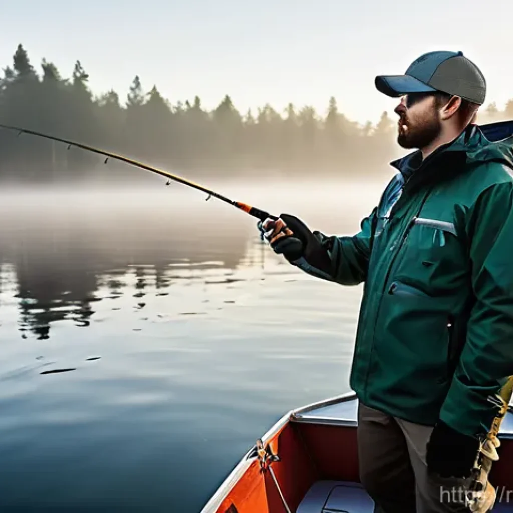 스마트 낚시 도구 최신 트렌드 - **Prompt:** A male angler, approximately 30-40 years old, is standing in a small, stable fishing boa...