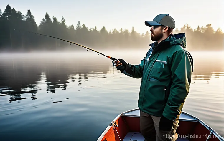 스마트 낚시 도구 최신 트렌드 - **Prompt:** A male angler, approximately 30-40 years old, is standing in a small, stable fishing boa...