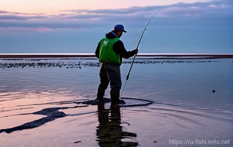 낚시 물때와 조류 활용법 - **Image Prompt 1: "The Dawn of the Tide"**
A male angler in his late 30s, dressed in practical, ...