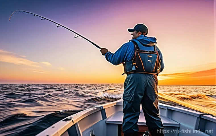 바다낚시와 민물낚시의 차이 - Adrenaline-Pumping Marine Fishing Adventure**
A dynamic, wide-angle shot of a male angler in his mi...