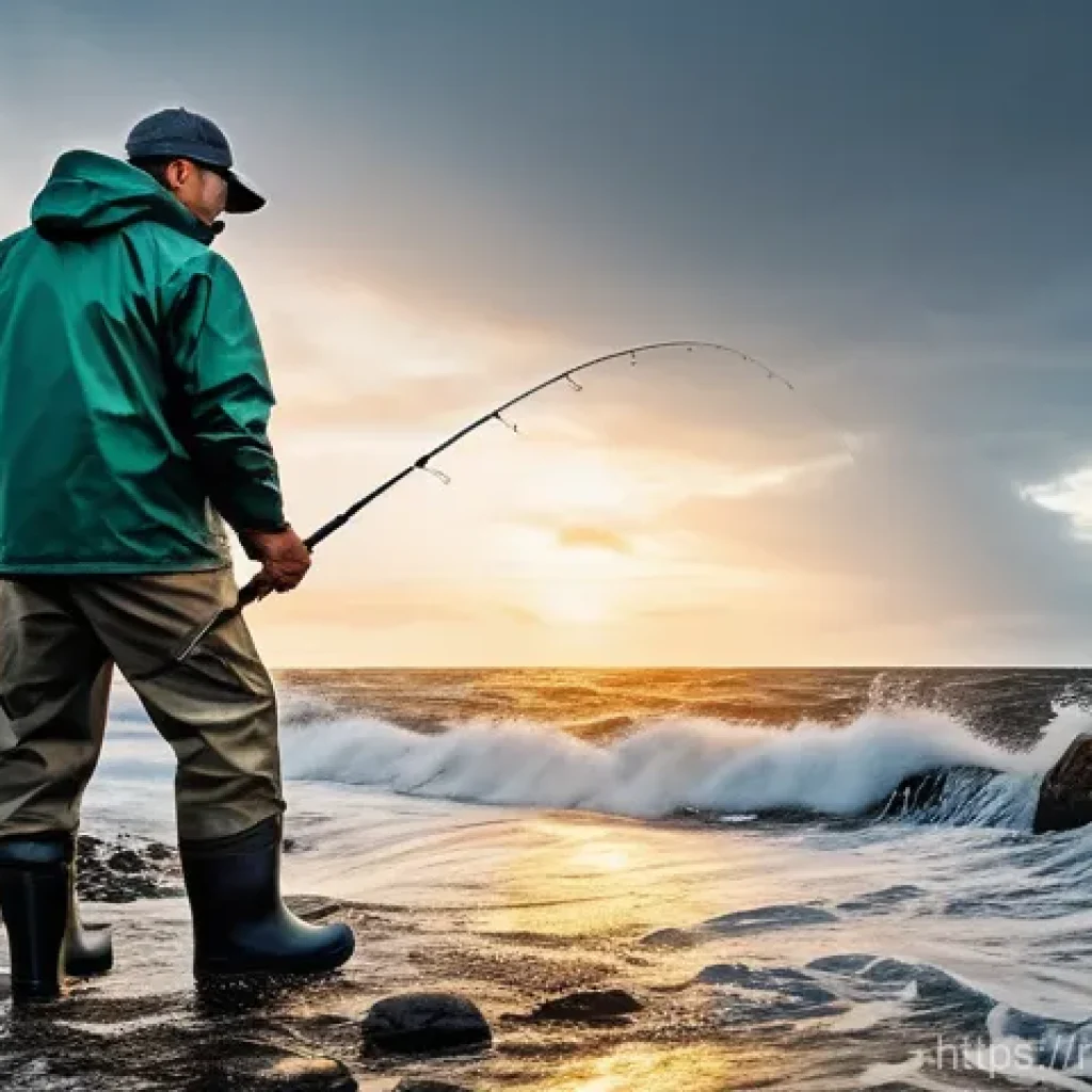 갯바위 낚시 장비 추천 - **Prompt:** A skilled adult fisherman, wearing a durable, waterproof fishing jacket, pants, and non-...