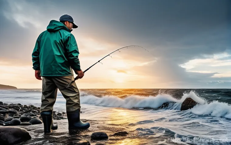갯바위 낚시 장비 추천 - **Prompt:** A skilled adult fisherman, wearing a durable, waterproof fishing jacket, pants, and non-...