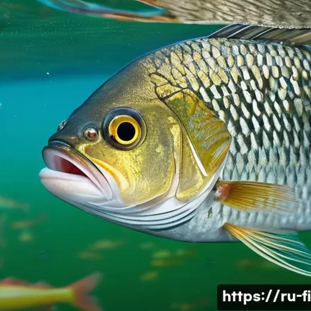 낚시 바늘 크기와 용도 - **Prompt 1: The Cautious Bite**
"A close-up, underwater view of a large, experienced bream or ca...