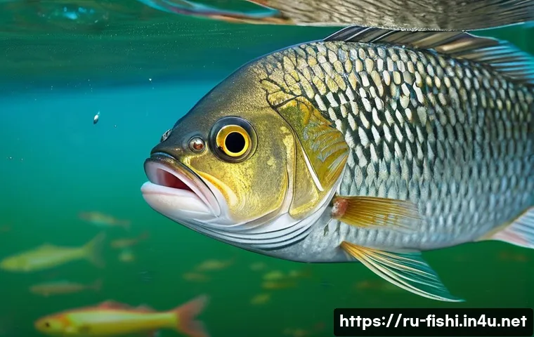 낚시 바늘 크기와 용도 - **Prompt 1: The Cautious Bite**
"A close-up, underwater view of a large, experienced bream or ca...
