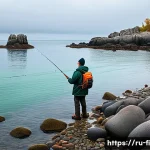 Home 21 가을철 쭈꾸미 낚시 팁 - A serene autumn fishing scene on a rocky shoreline with gentle waves, featuring a fisherman dressed ...