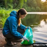 Home 20 낚시터 쓰레기 처리 방법 - A serene lakeside fishing scene during early morning with an environmentally conscious angler dresse...