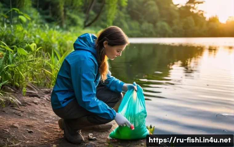 낚시터 쓰레기 처리 방법 - A serene lakeside fishing scene during early morning with an environmentally conscious angler dresse...