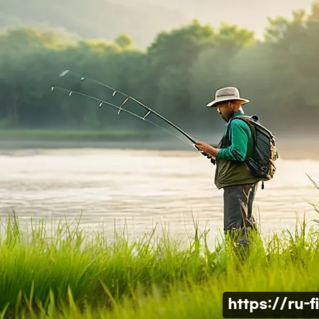 초보 낚시 실수와 해결법 - A detailed scene of a beginner fisherman standing calmly on the grassy riverbank during early mornin...