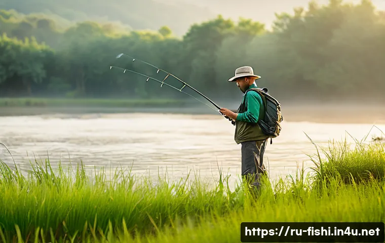 초보 낚시 실수와 해결법 - A detailed scene of a beginner fisherman standing calmly on the grassy riverbank during early mornin...