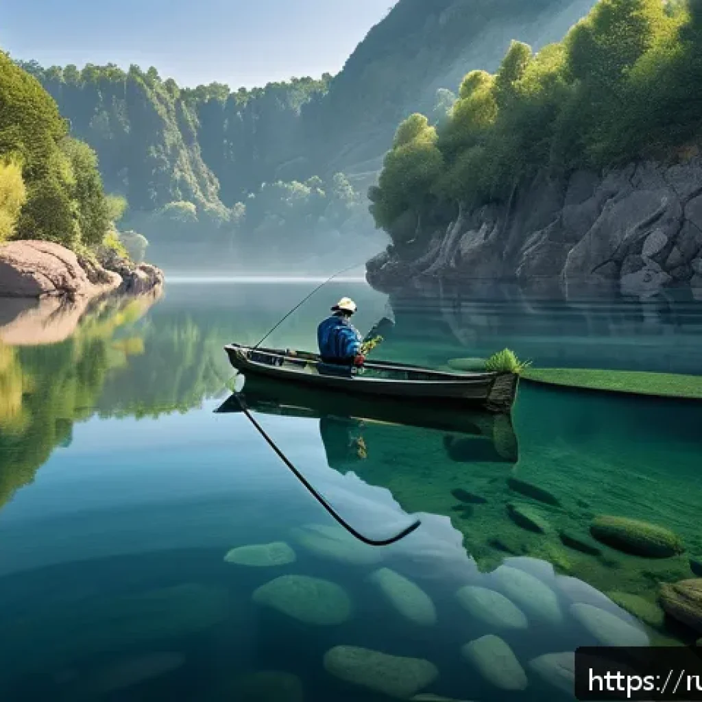 낚시 기후와 날씨 정보 활용법 - A serene fishing scene at a quiet lake under stable high atmospheric pressure, showing a fisherman w...