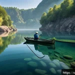 Home 18 낚시 기후와 날씨 정보 활용법 - A serene fishing scene at a quiet lake under stable high atmospheric pressure, showing a fisherman w...