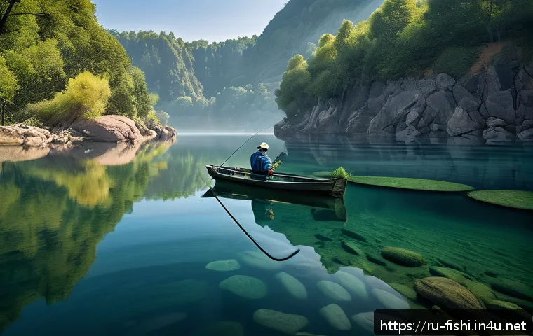 낚시 기후와 날씨 정보 활용법 - A serene fishing scene at a quiet lake under stable high atmospheric pressure, showing a fisherman w...