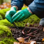 Home 23 자연산 미끼 채집 방법 - A detailed close-up scene of a person carefully collecting earthworms from moist, loose soil beneath...