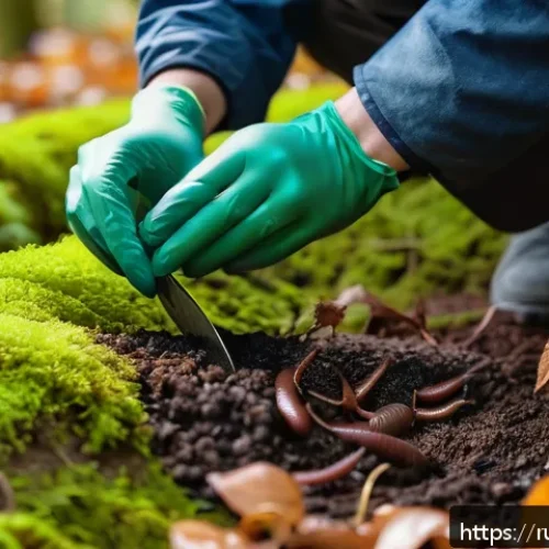 Home 17 자연산 미끼 채집 방법 - A detailed close-up scene of a person carefully collecting earthworms from moist, loose soil beneath...