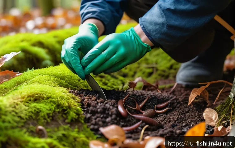 자연산 미끼 채집 방법 - A detailed close-up scene of a person carefully collecting earthworms from moist, loose soil beneath...