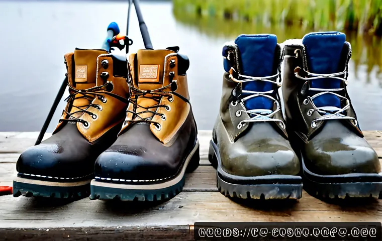 Home 17 낚시 신발 추천 및 리뷰 - Photorealistic fishing footwear comparison on a weathered wooden dock beside a calm Russian river: t...